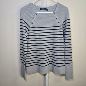 Lauren Ralph Lauren Grey Striped Button Shoulder Knit Sweater XL Womens Ribbed